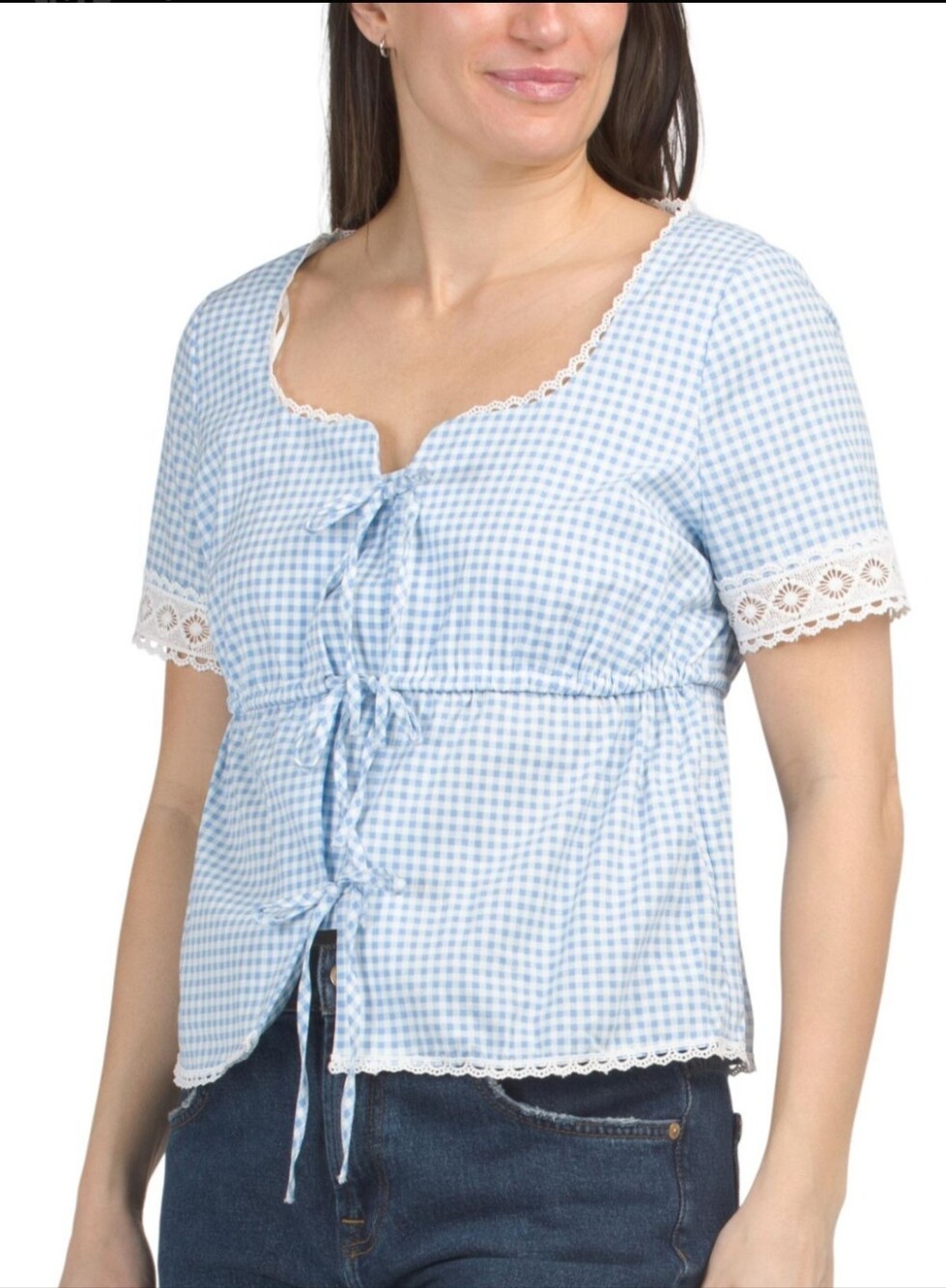Bagatelle Light Blue White Gingham Lace-Trim Tie-Front Top Size Small